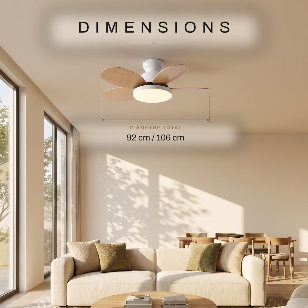 Dimensions du ventilateur de plafond Capucine : diamètre 92 ou 106 cm