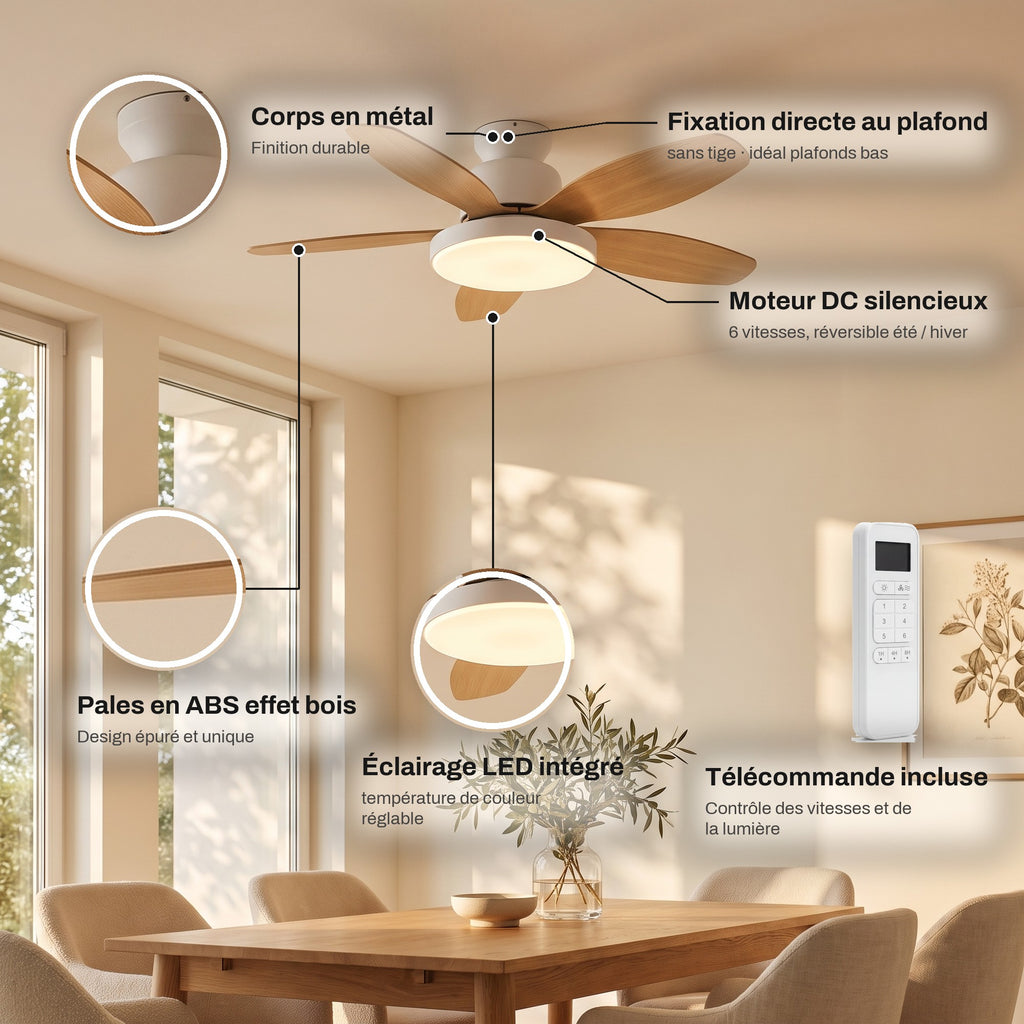 Caractéristiques du ventilateur de plafond Capucine : moteur DC silencieux, pales ABS effet bois, LED, télécommande