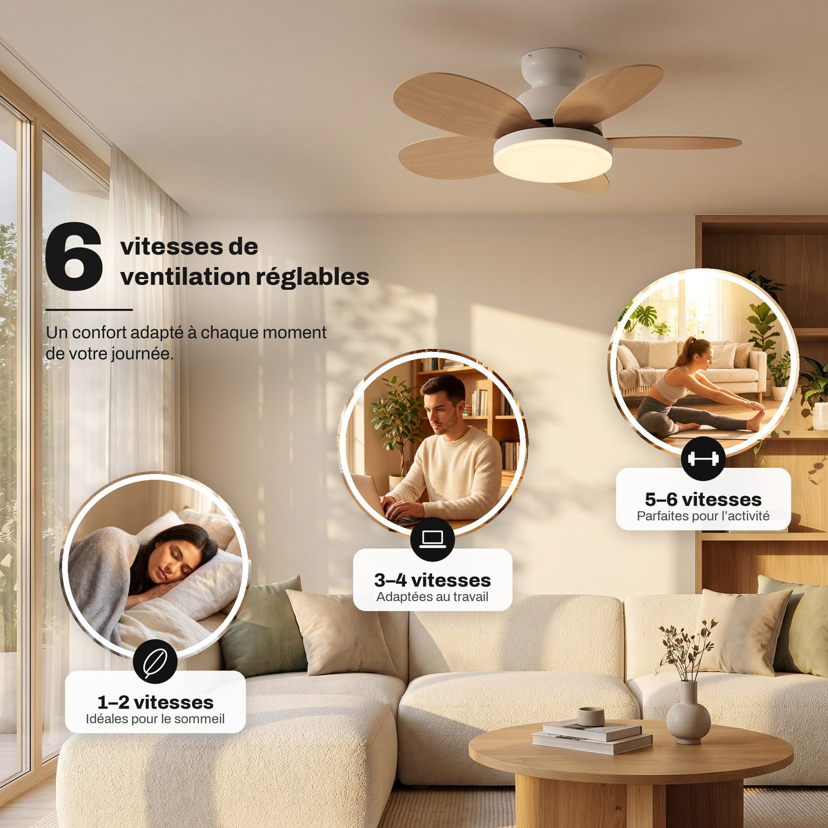 6 vitesses de ventilation réglables du ventilateur de plafond Capucine