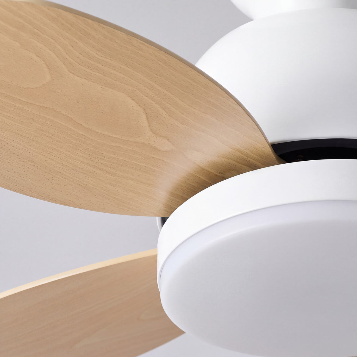 Détail des pales effet bois et du corps blanc du ventilateur Capucine