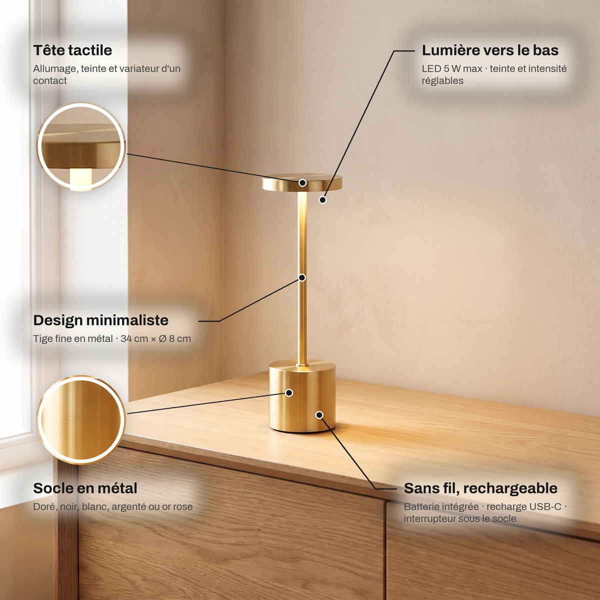 Lampe à Poser Sans Fil LED Rechargeable, Lampe de Table Tactile Minimaliste à Intensité Variable pour Chevet, Salon et Salle à Manger - Ysaline