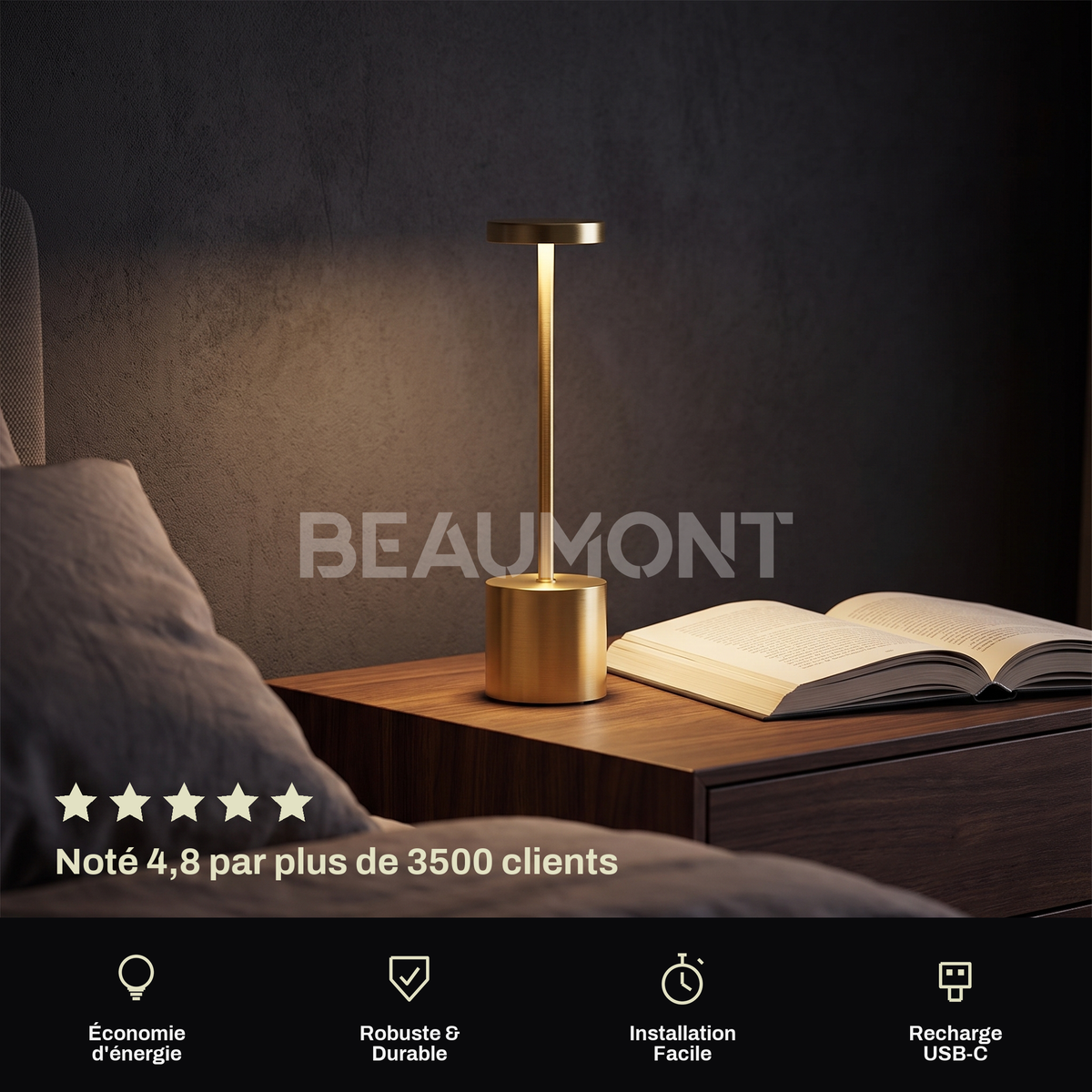 Lampe à Poser Sans Fil LED Rechargeable, Lampe de Table Tactile Minimaliste à Intensité Variable pour Chevet, Salon et Salle à Manger - Ysaline