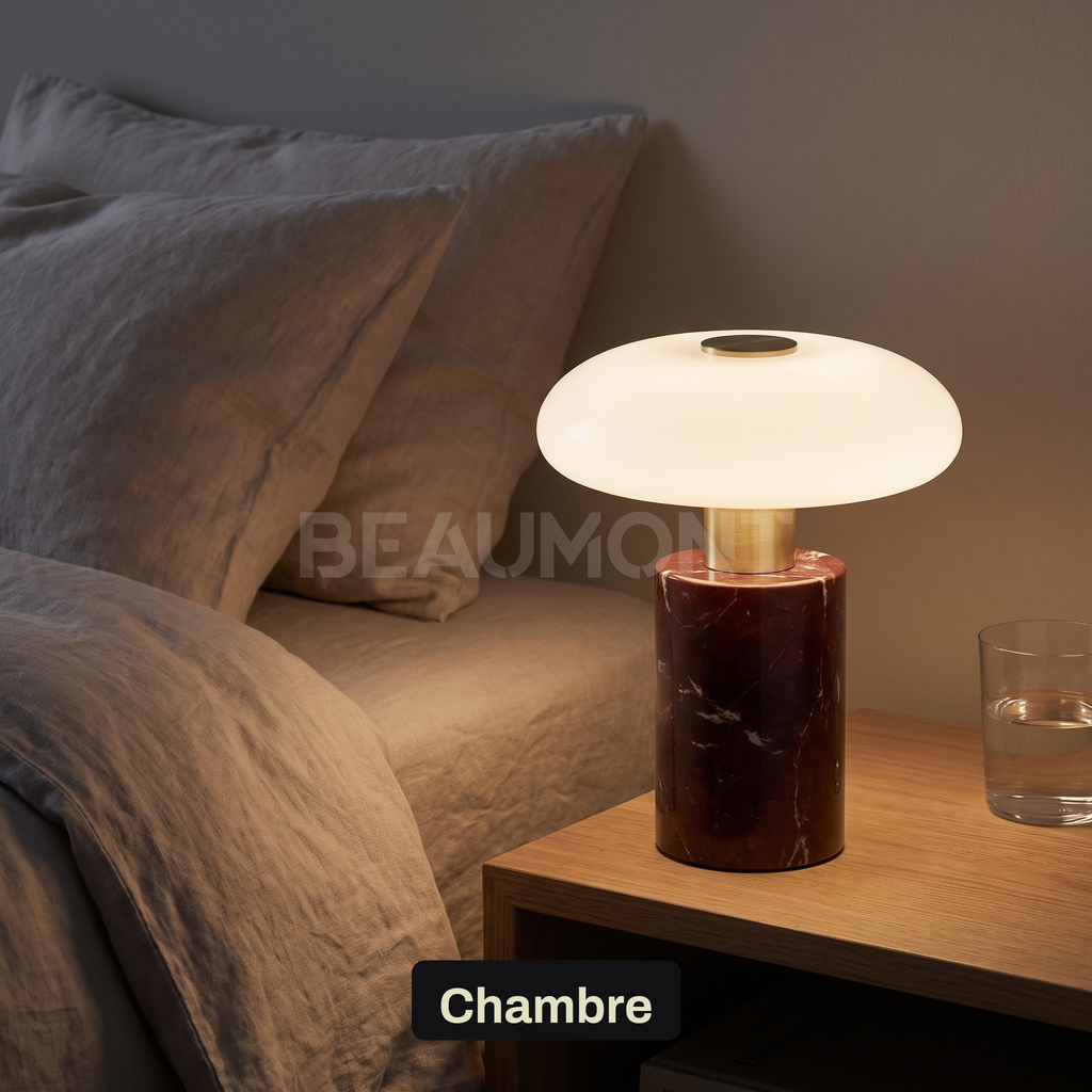 Lampe de Chevet Sans Fil Champignon en Marbre et Verre Opalin, Tactile et Rechargeable avec Variateur et Finitions Laiton - Églantine