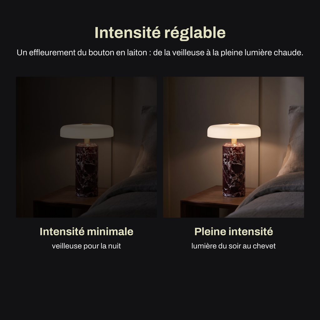 Lampe de Chevet Sans Fil Champignon en Marbre et Verre Opalin, Tactile et Rechargeable avec Variateur et Finitions Laiton - Églantine