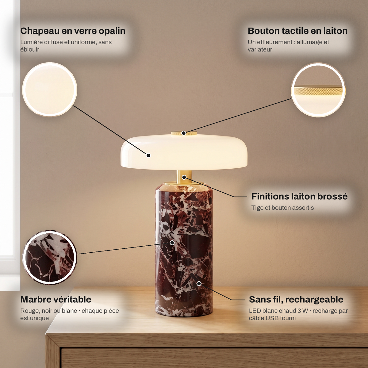 Lampe de Chevet Sans Fil Champignon en Marbre et Verre Opalin, Tactile et Rechargeable avec Variateur et Finitions Laiton - Églantine