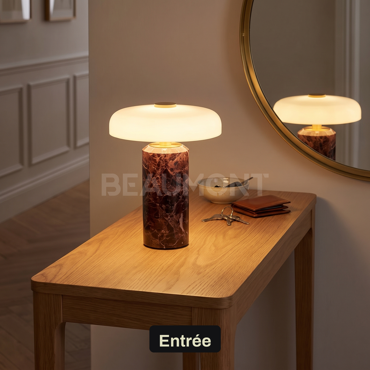 Lampe de Chevet Sans Fil Champignon en Marbre et Verre Opalin, Tactile et Rechargeable avec Variateur et Finitions Laiton - Églantine