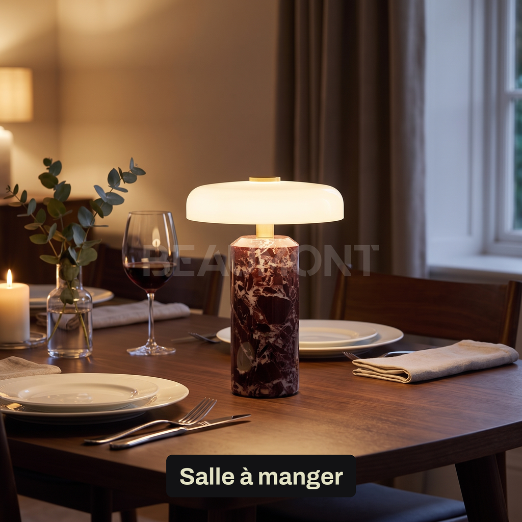 Lampe de Chevet Sans Fil Champignon en Marbre et Verre Opalin, Tactile et Rechargeable avec Variateur et Finitions Laiton - Églantine