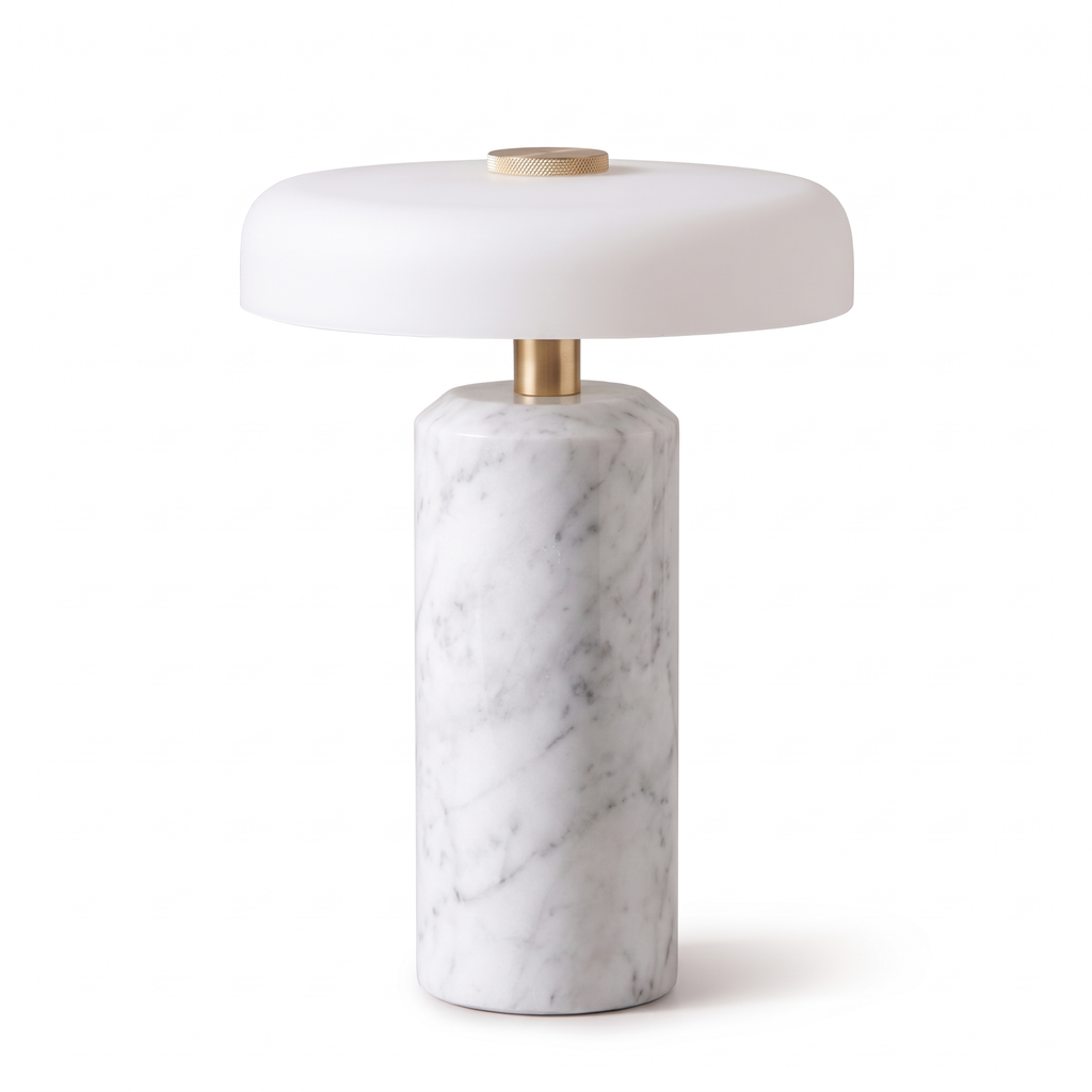 Lampe de Chevet Sans Fil Champignon en Marbre et Verre Opalin, Tactile et Rechargeable avec Variateur et Finitions Laiton - Églantine