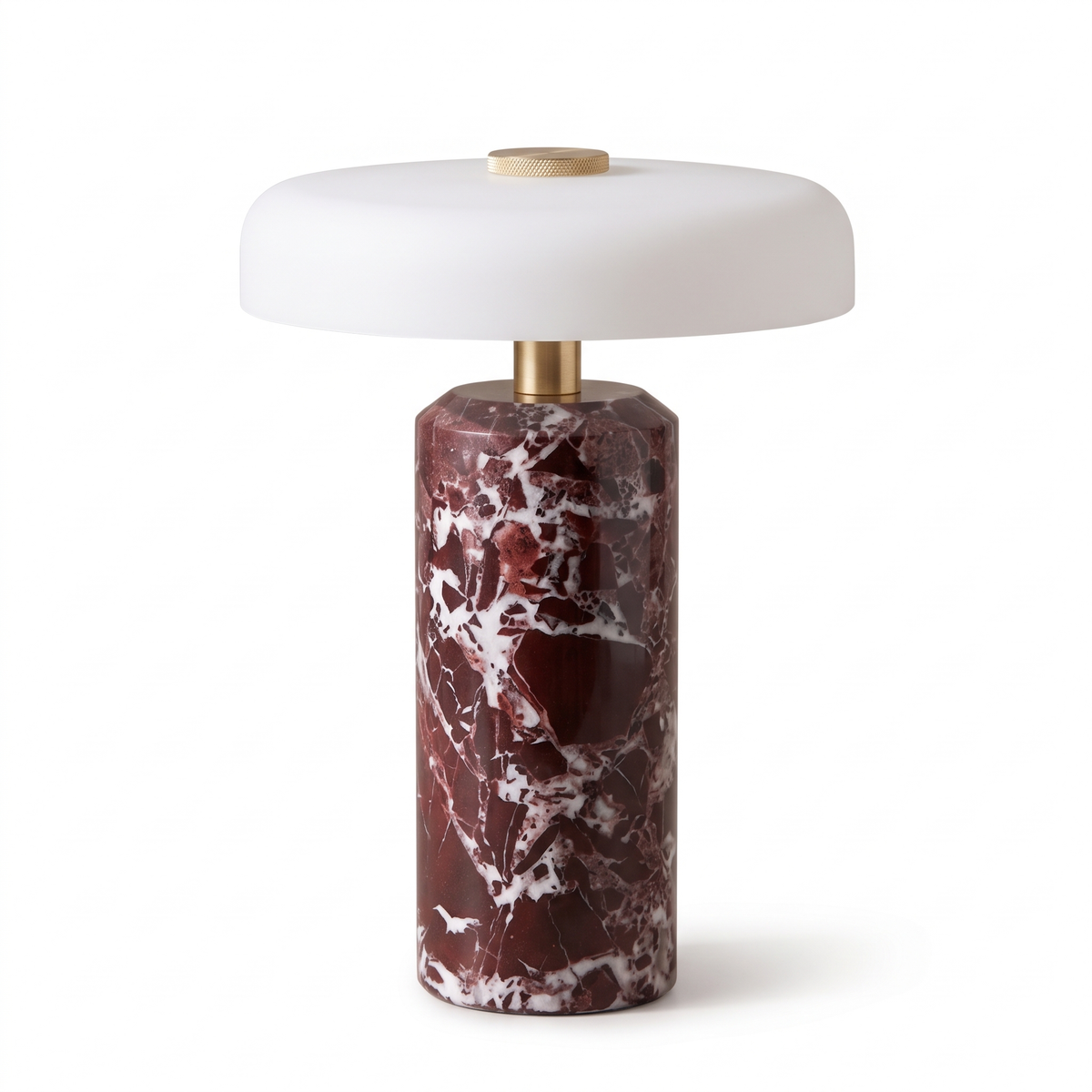 Lampe de Chevet Sans Fil Champignon en Marbre et Verre Opalin, Tactile et Rechargeable avec Variateur et Finitions Laiton - Églantine