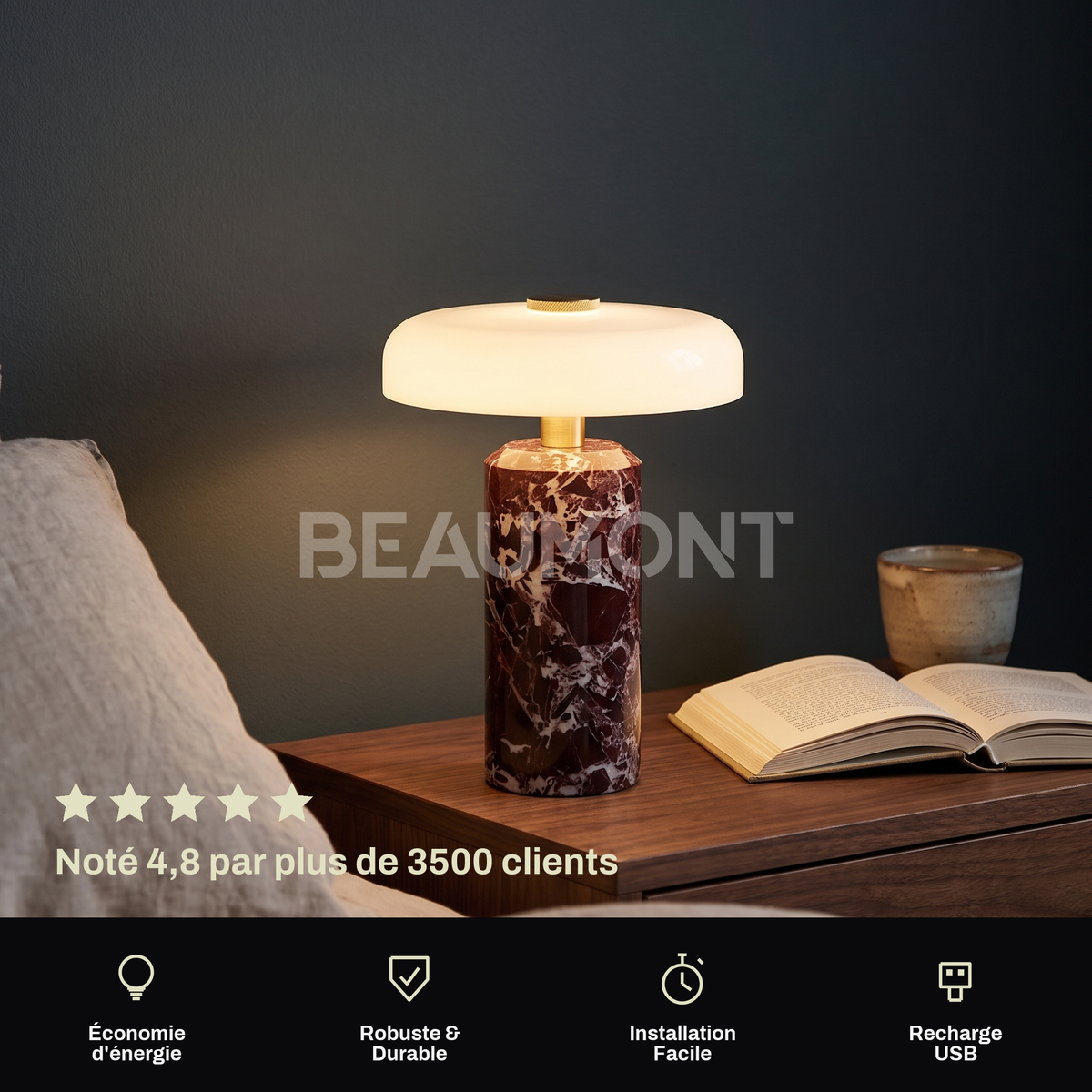 Lampe de Chevet Sans Fil Champignon en Marbre et Verre Opalin, Tactile et Rechargeable avec Variateur et Finitions Laiton - Églantine