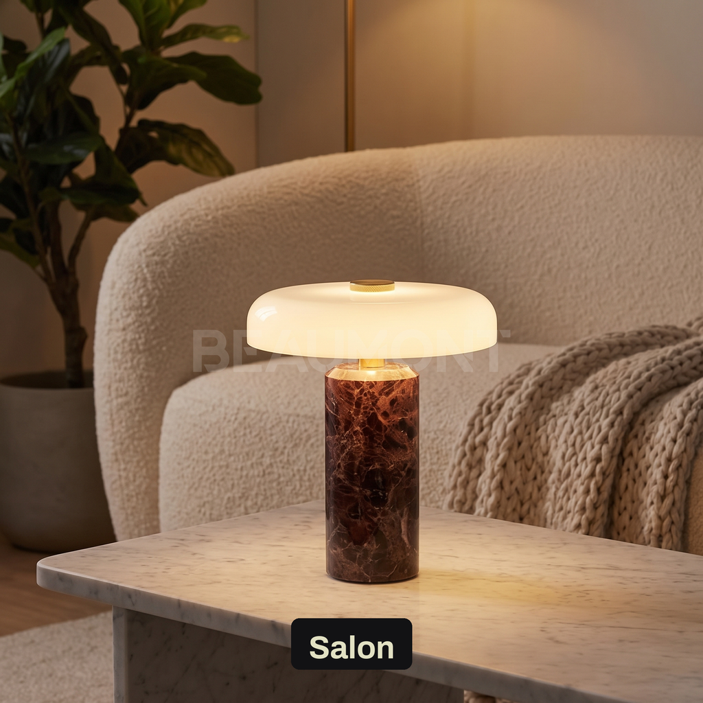 Lampe de Chevet Sans Fil Champignon en Marbre et Verre Opalin, Tactile et Rechargeable avec Variateur et Finitions Laiton - Églantine