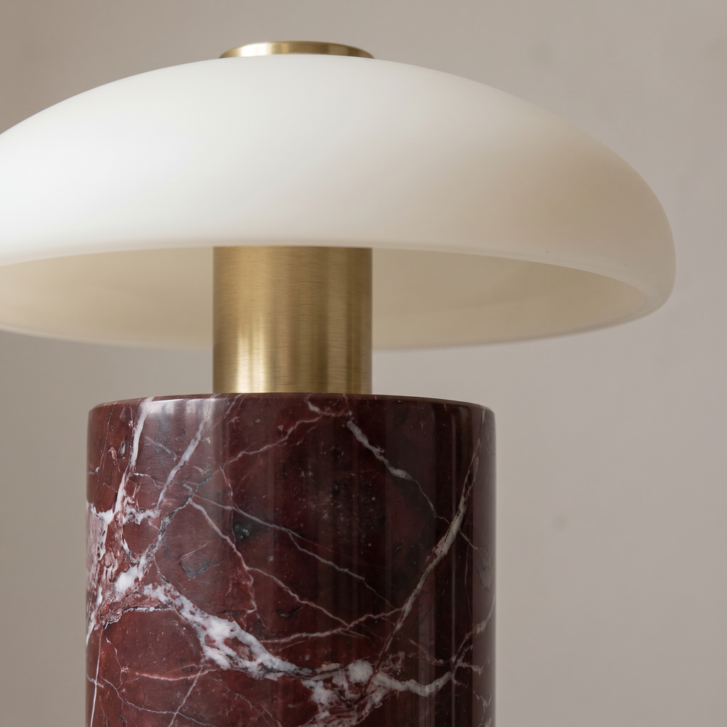Lampe de Chevet Sans Fil Champignon en Marbre et Verre Opalin, Tactile et Rechargeable avec Variateur et Finitions Laiton - Églantine