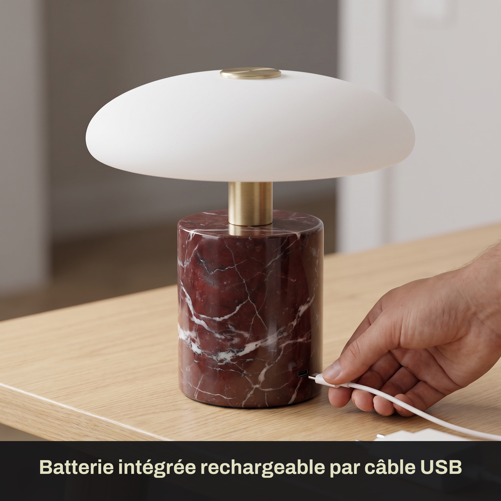 Lampe de Chevet Sans Fil Champignon en Marbre et Verre Opalin, Tactile et Rechargeable avec Variateur et Finitions Laiton - Églantine