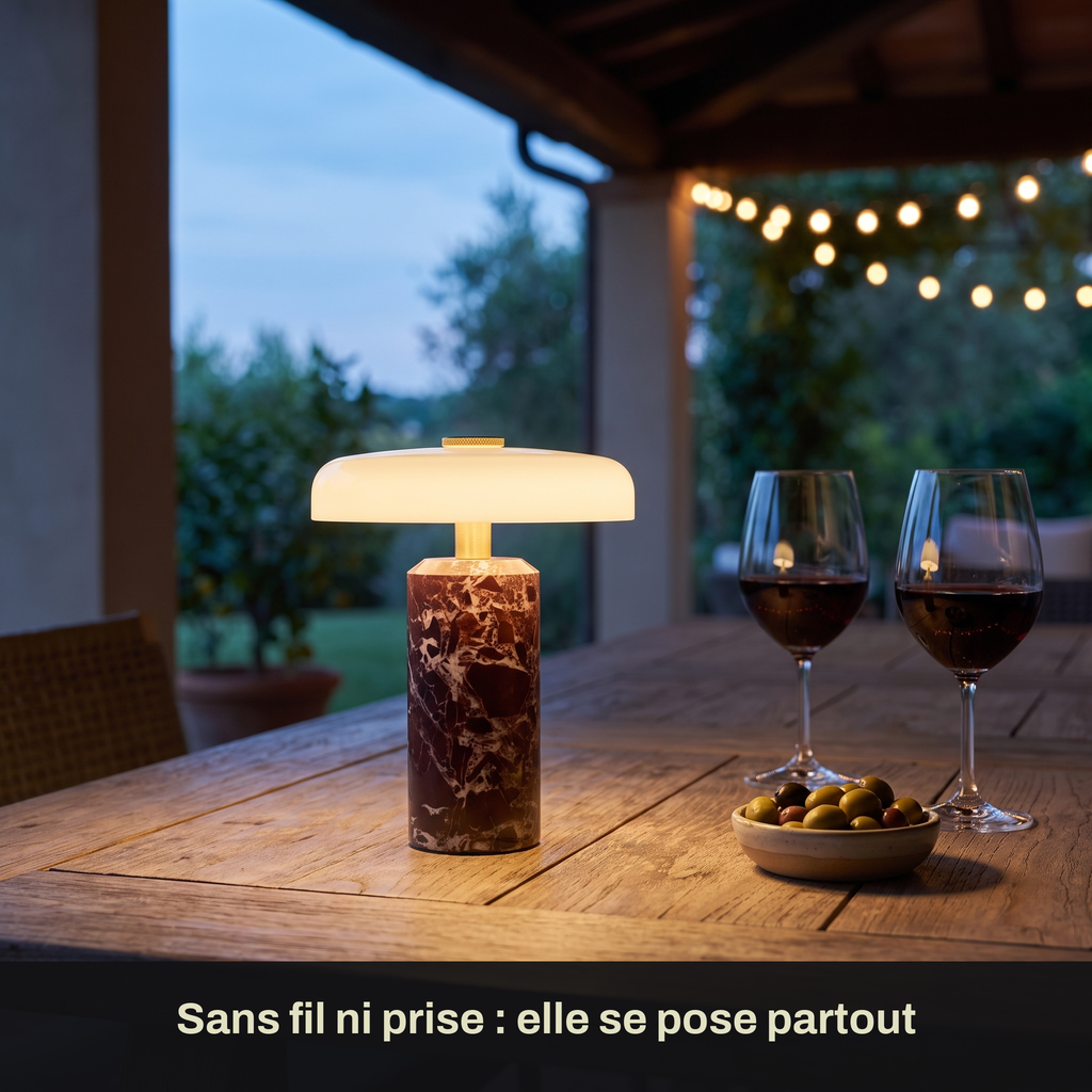 Lampe de Chevet Sans Fil Champignon en Marbre et Verre Opalin, Tactile et Rechargeable avec Variateur et Finitions Laiton - Églantine