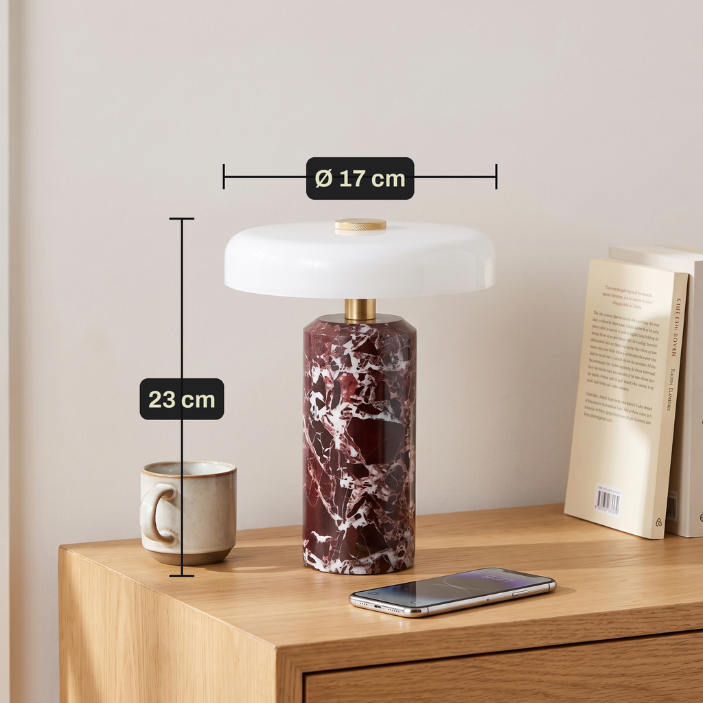 Lampe de Chevet Sans Fil Champignon en Marbre et Verre Opalin, Tactile et Rechargeable avec Variateur et Finitions Laiton - Églantine