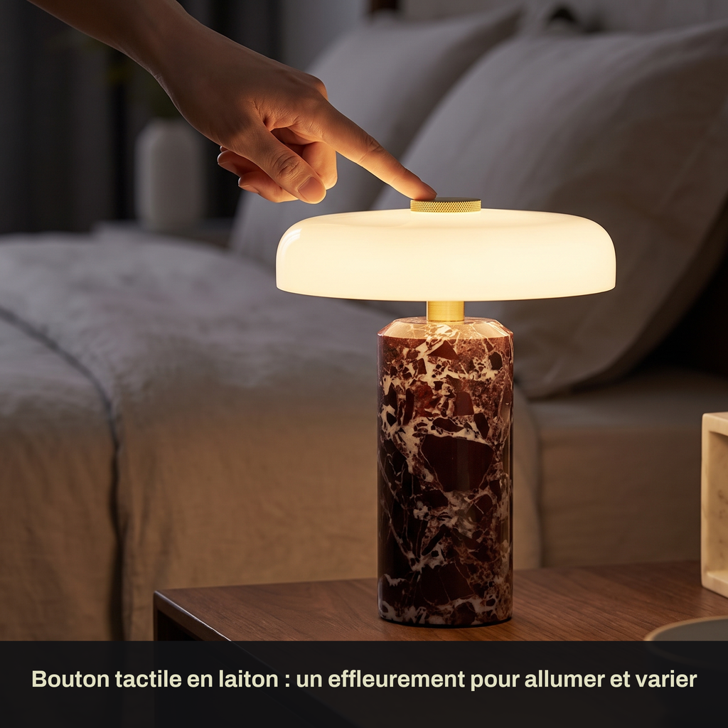 Lampe de Chevet Sans Fil Champignon en Marbre et Verre Opalin, Tactile et Rechargeable avec Variateur et Finitions Laiton - Églantine