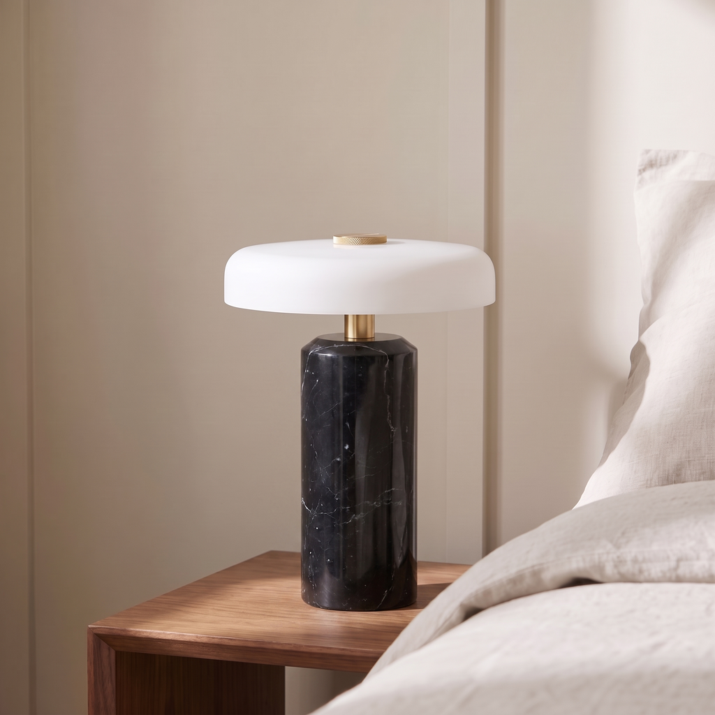 Lampe de Chevet Sans Fil Champignon en Marbre et Verre Opalin, Tactile et Rechargeable avec Variateur et Finitions Laiton - Églantine