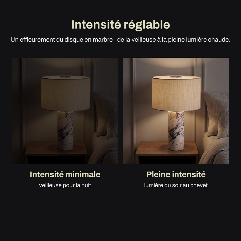 Lampe de Chevet Sans Fil Tactile en Marbre ou Travertin, Rechargeable avec Variateur et Abat-Jour en Tissu - Isaure