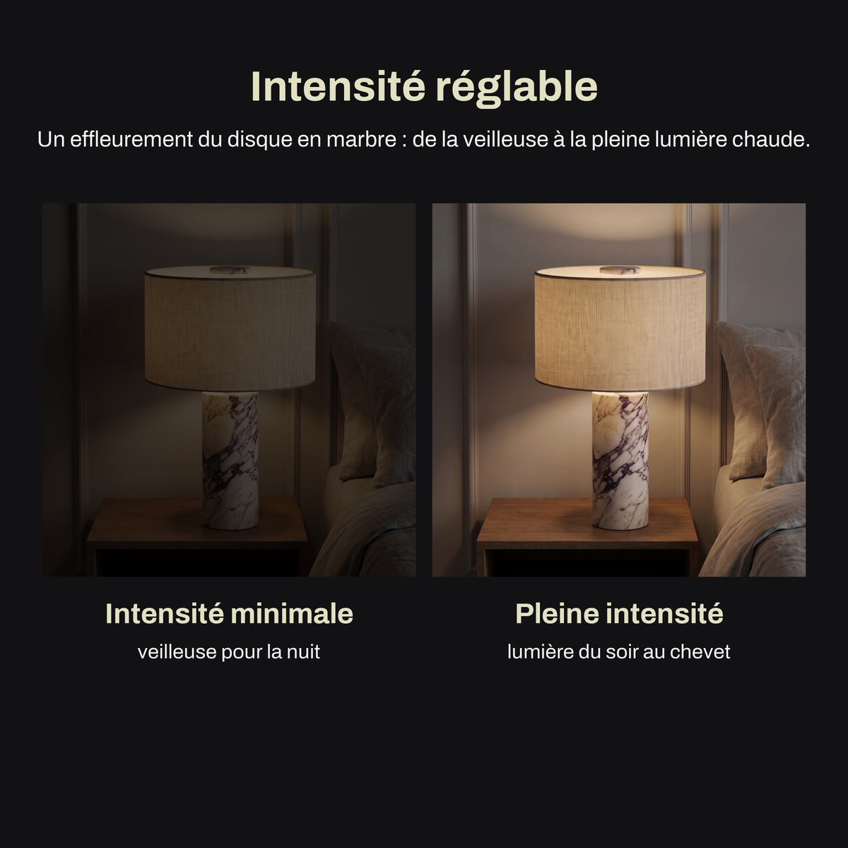 Lampe de Chevet Sans Fil Tactile en Marbre ou Travertin, Rechargeable avec Variateur et Abat-Jour en Tissu - Isaure