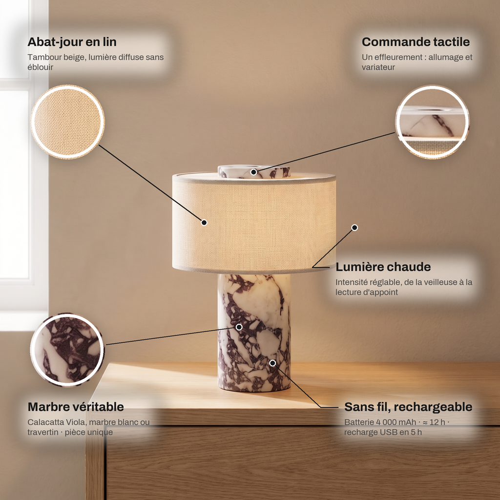 Lampe de Chevet Sans Fil Tactile en Marbre ou Travertin, Rechargeable avec Variateur et Abat-Jour en Tissu - Isaure