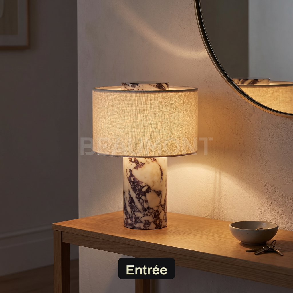 Lampe de Chevet Sans Fil Tactile en Marbre ou Travertin, Rechargeable avec Variateur et Abat-Jour en Tissu - Isaure