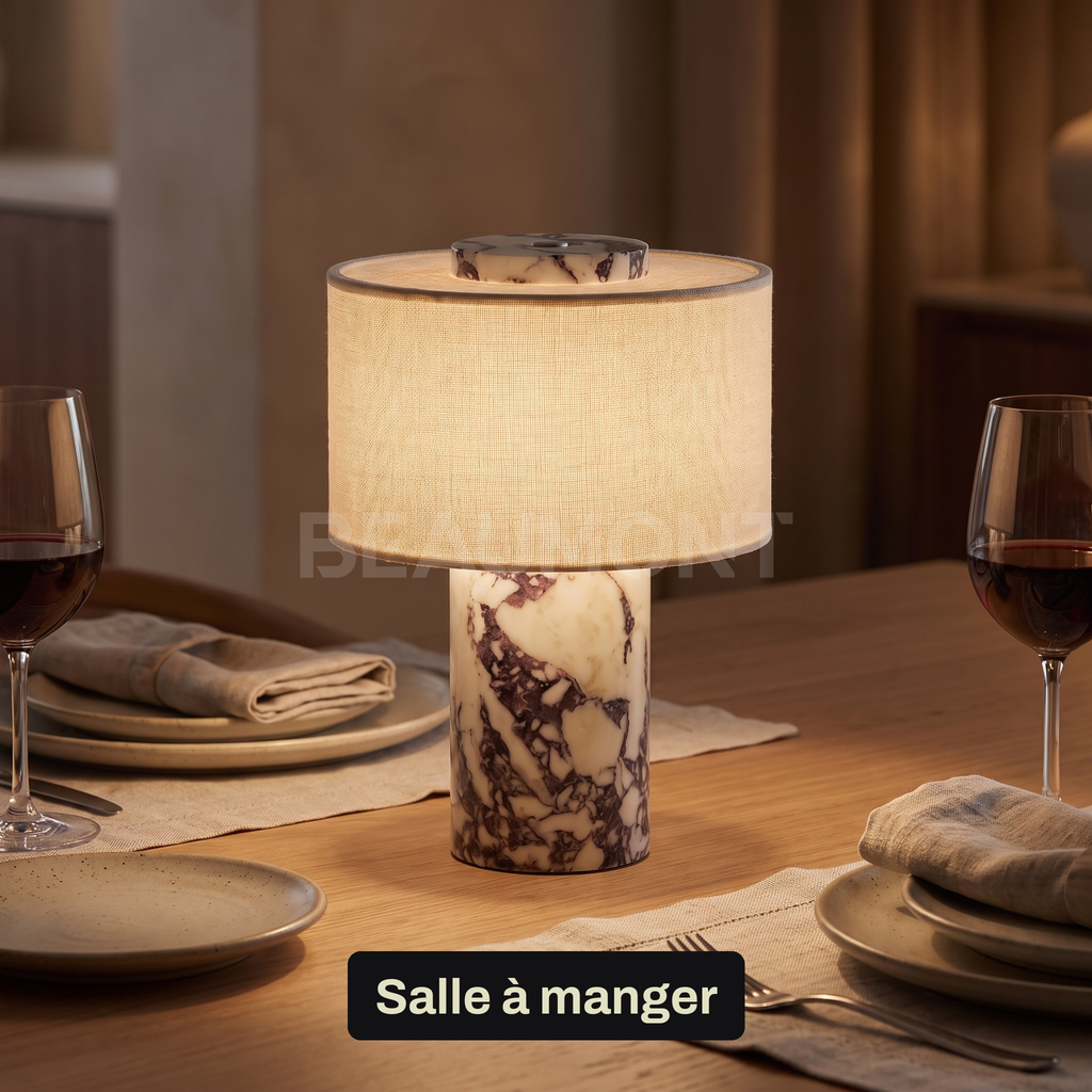 Lampe de Chevet Sans Fil Tactile en Marbre ou Travertin, Rechargeable avec Variateur et Abat-Jour en Tissu - Isaure
