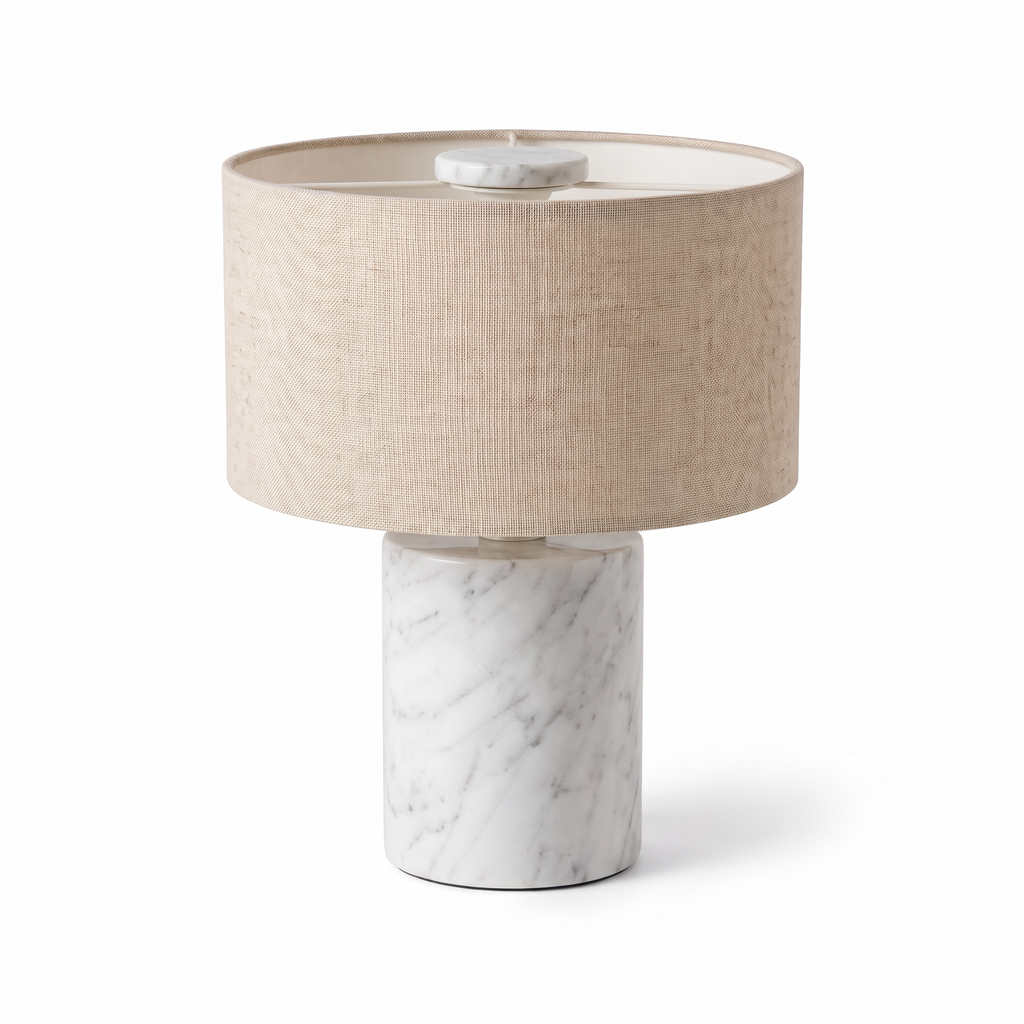 Lampe de Chevet Sans Fil Tactile en Marbre ou Travertin, Rechargeable avec Variateur et Abat-Jour en Tissu - Isaure