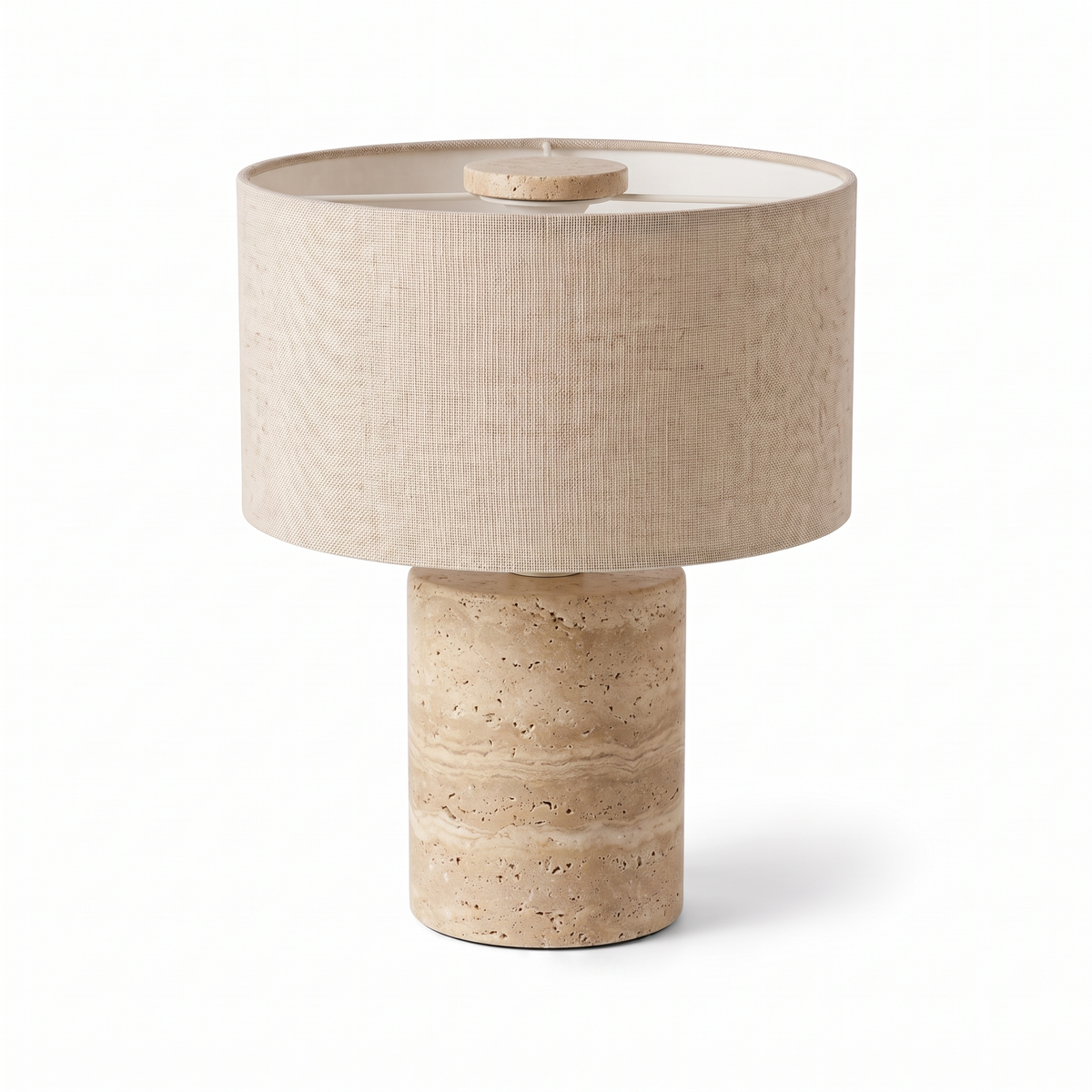 Lampe de Chevet Sans Fil Tactile en Marbre ou Travertin, Rechargeable avec Variateur et Abat-Jour en Tissu - Isaure