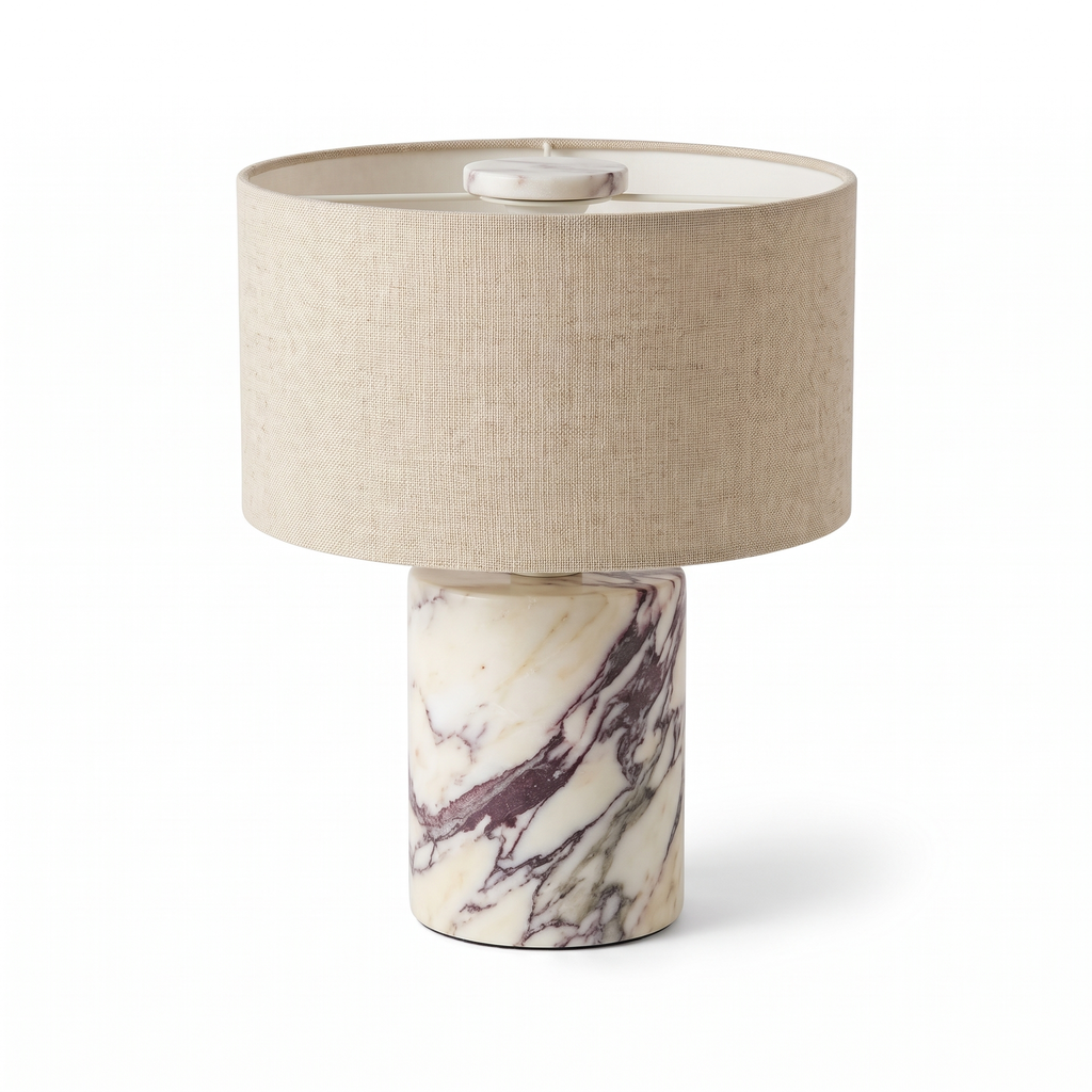 Lampe de Chevet Sans Fil Tactile en Marbre ou Travertin, Rechargeable avec Variateur et Abat-Jour en Tissu - Isaure