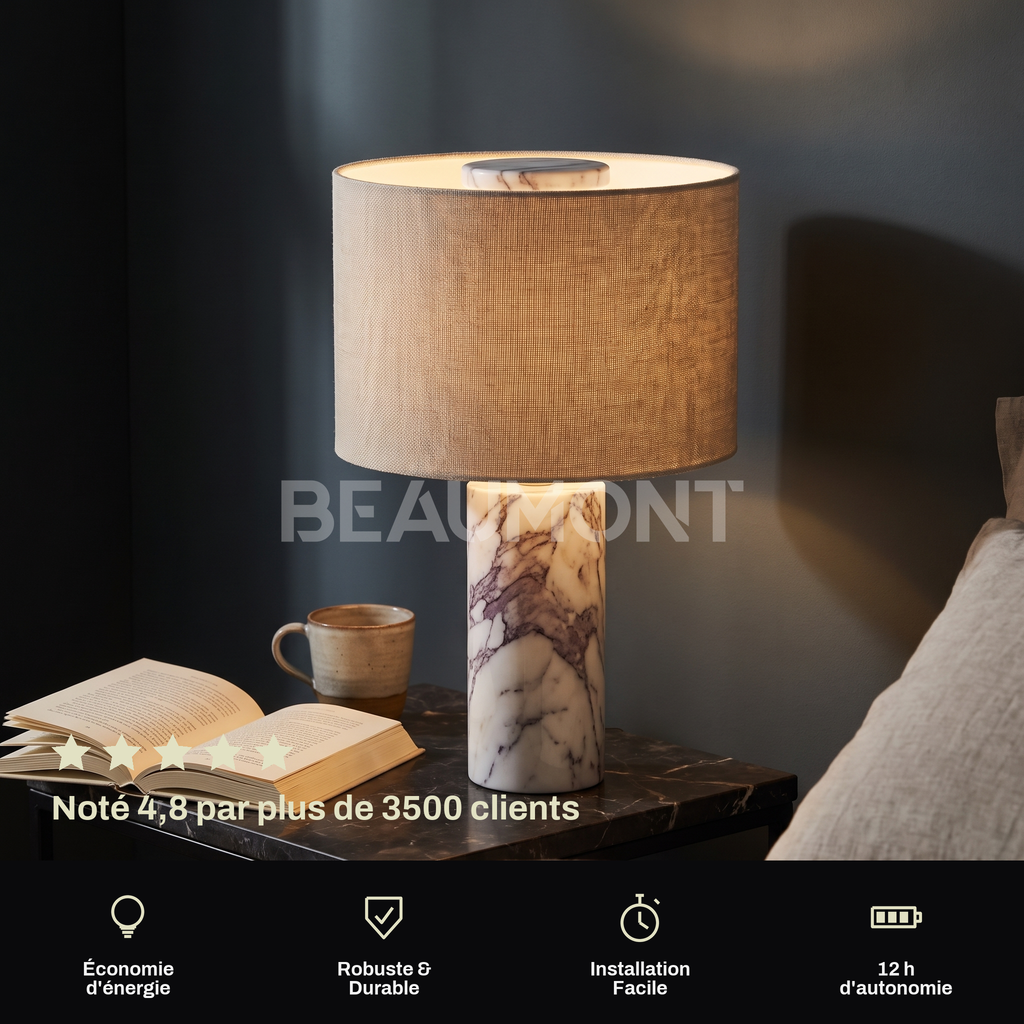 Lampe de Chevet Sans Fil Tactile en Marbre ou Travertin, Rechargeable avec Variateur et Abat-Jour en Tissu - Isaure