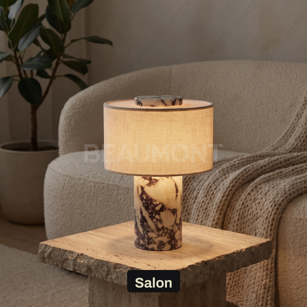 Lampe de Chevet Sans Fil Tactile en Marbre ou Travertin, Rechargeable avec Variateur et Abat-Jour en Tissu - Isaure
