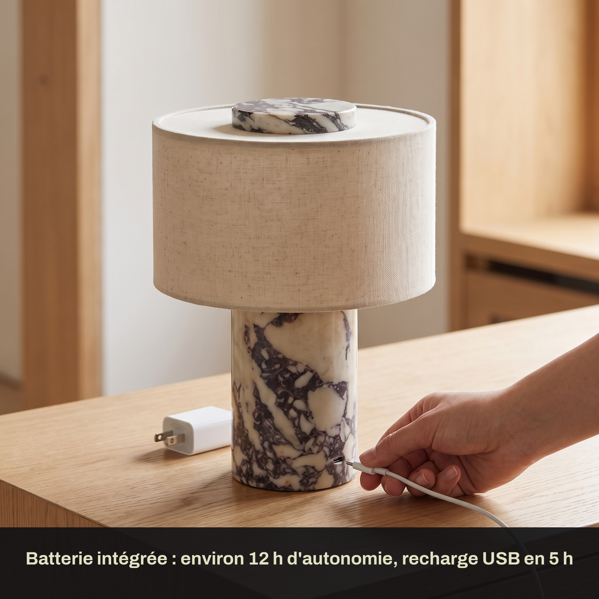 Lampe de Chevet Sans Fil Tactile en Marbre ou Travertin, Rechargeable avec Variateur et Abat-Jour en Tissu - Isaure