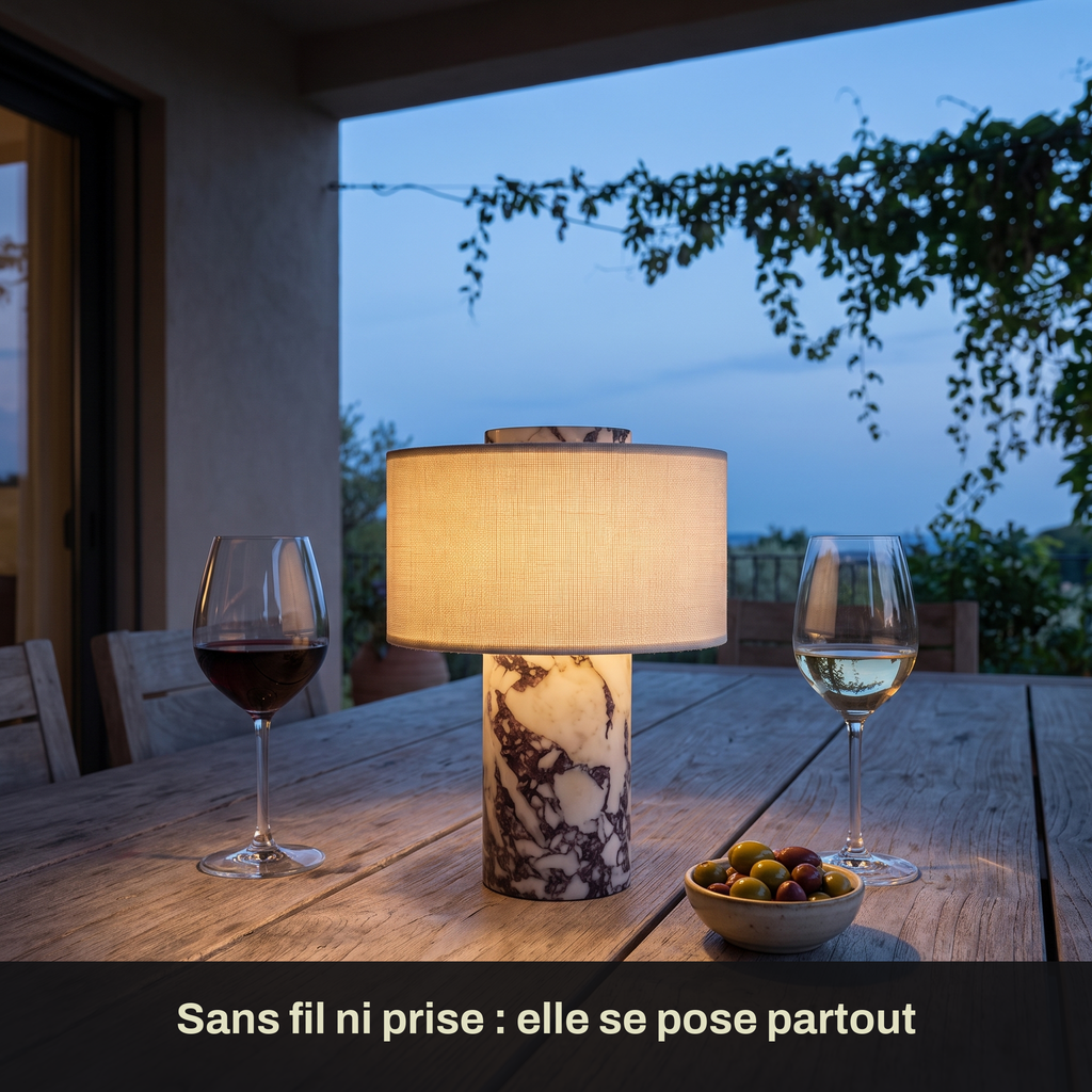 Lampe de Chevet Sans Fil Tactile en Marbre ou Travertin, Rechargeable avec Variateur et Abat-Jour en Tissu - Isaure