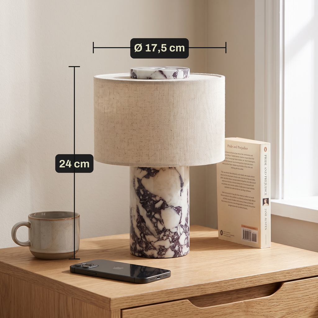 Lampe de Chevet Sans Fil Tactile en Marbre ou Travertin, Rechargeable avec Variateur et Abat-Jour en Tissu - Isaure