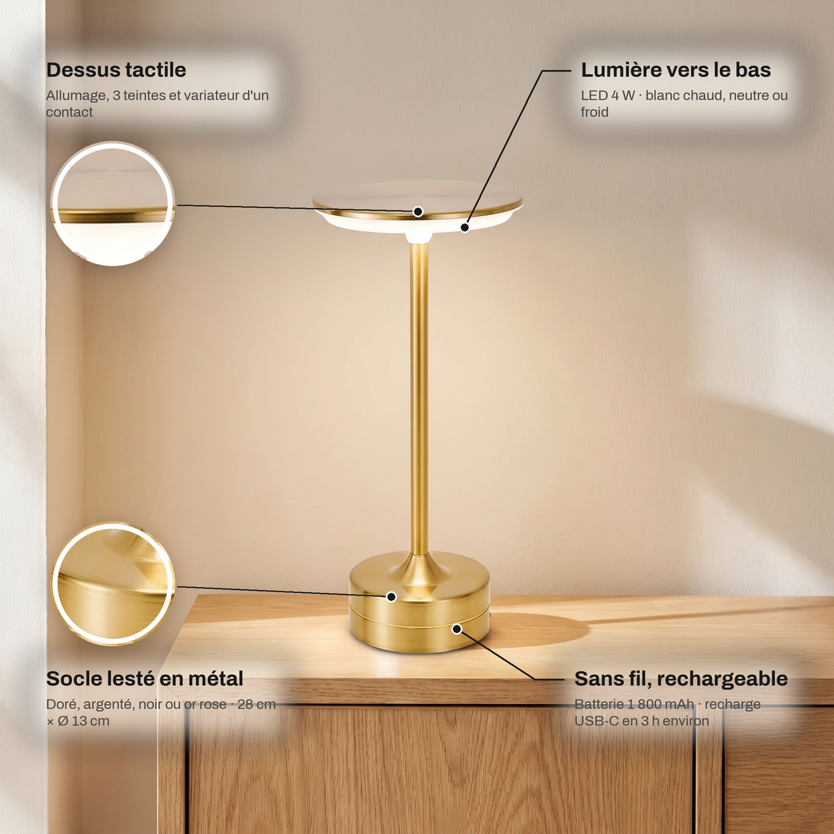 Lampe de Table Sans Fil Rechargeable en Métal, Lampe de Chevet Tactile LED Design avec Variateur pour Maison et Restaurant - Domitille
