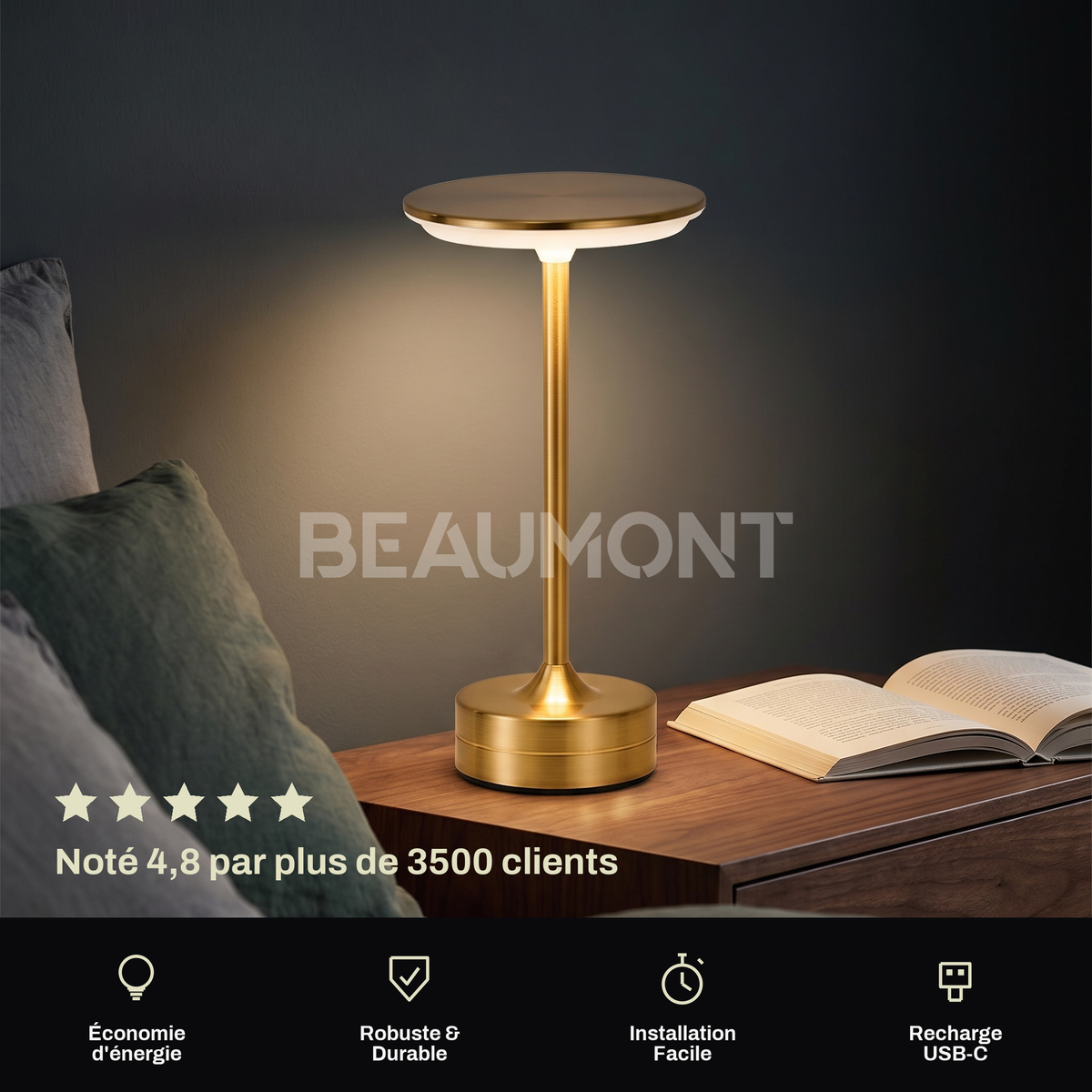 Lampe de Table Sans Fil Rechargeable en Métal, Lampe de Chevet Tactile LED Design avec Variateur pour Maison et Restaurant - Domitille