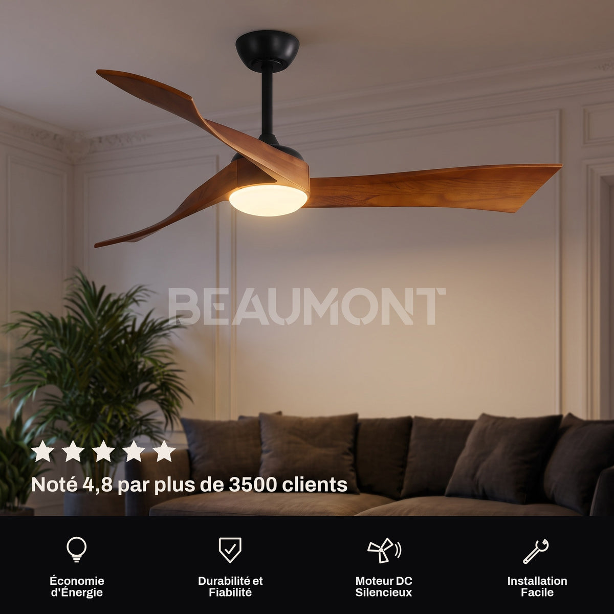 Ventilateur de Plafond Design Silencieux en Bois Massif Avec Lumière LED, Télécommande et Réversible Été/Hiver - Ondine