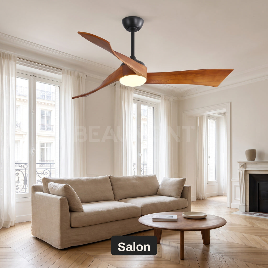 Ventilateur de Plafond Design Silencieux en Bois Massif Avec Lumière LED, Télécommande et Réversible Été/Hiver - Ondine