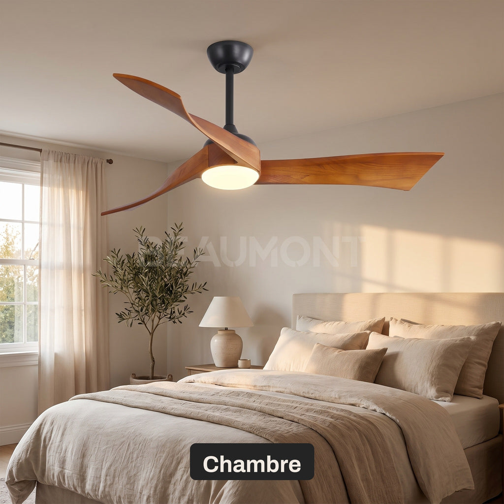 Ventilateur de Plafond Design Silencieux en Bois Massif Avec Lumière LED, Télécommande et Réversible Été/Hiver - Ondine