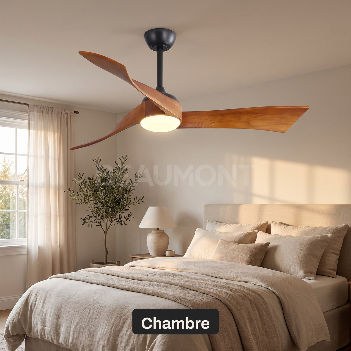 Ventilateur de Plafond Design Silencieux en Bois Massif Avec Lumière LED, Télécommande et Réversible Été/Hiver - Ondine