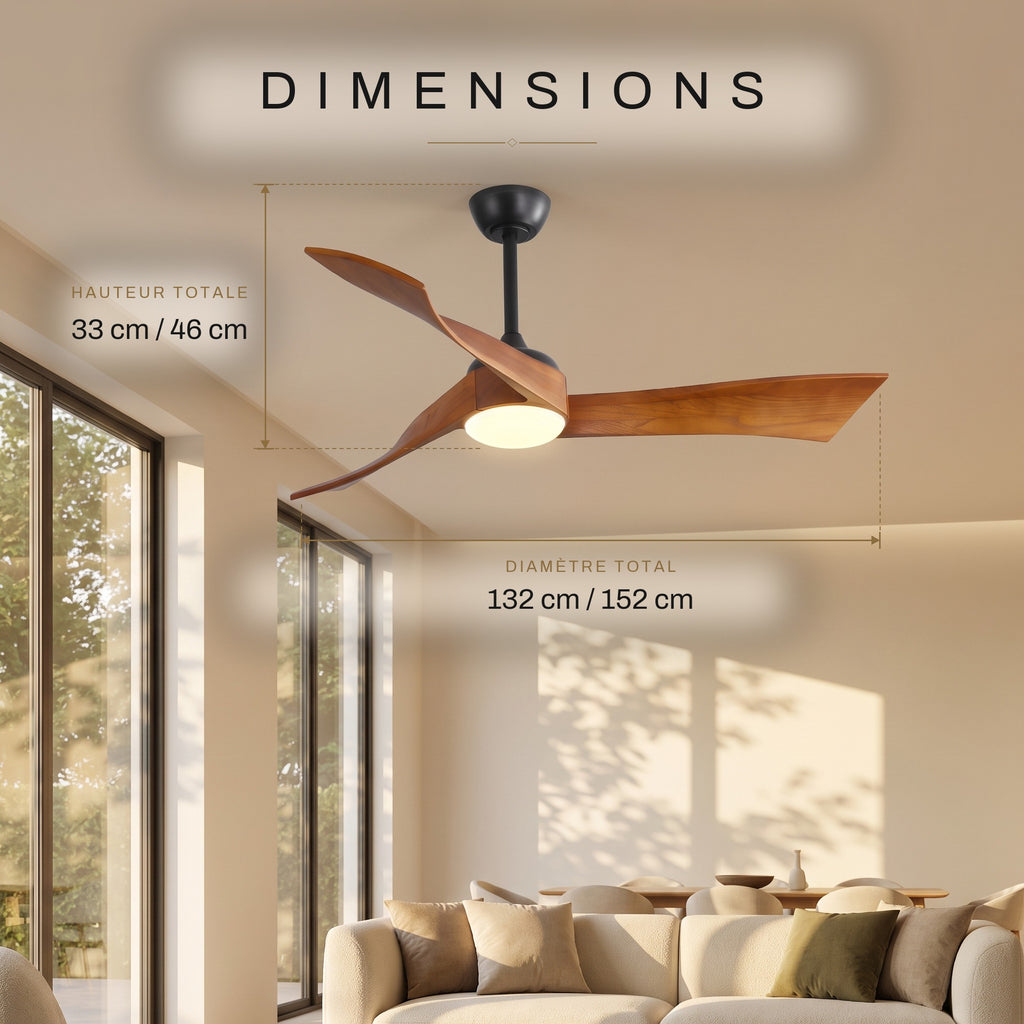 Ventilateur de Plafond Design Silencieux en Bois Massif Avec Lumière LED, Télécommande et Réversible Été/Hiver - Ondine