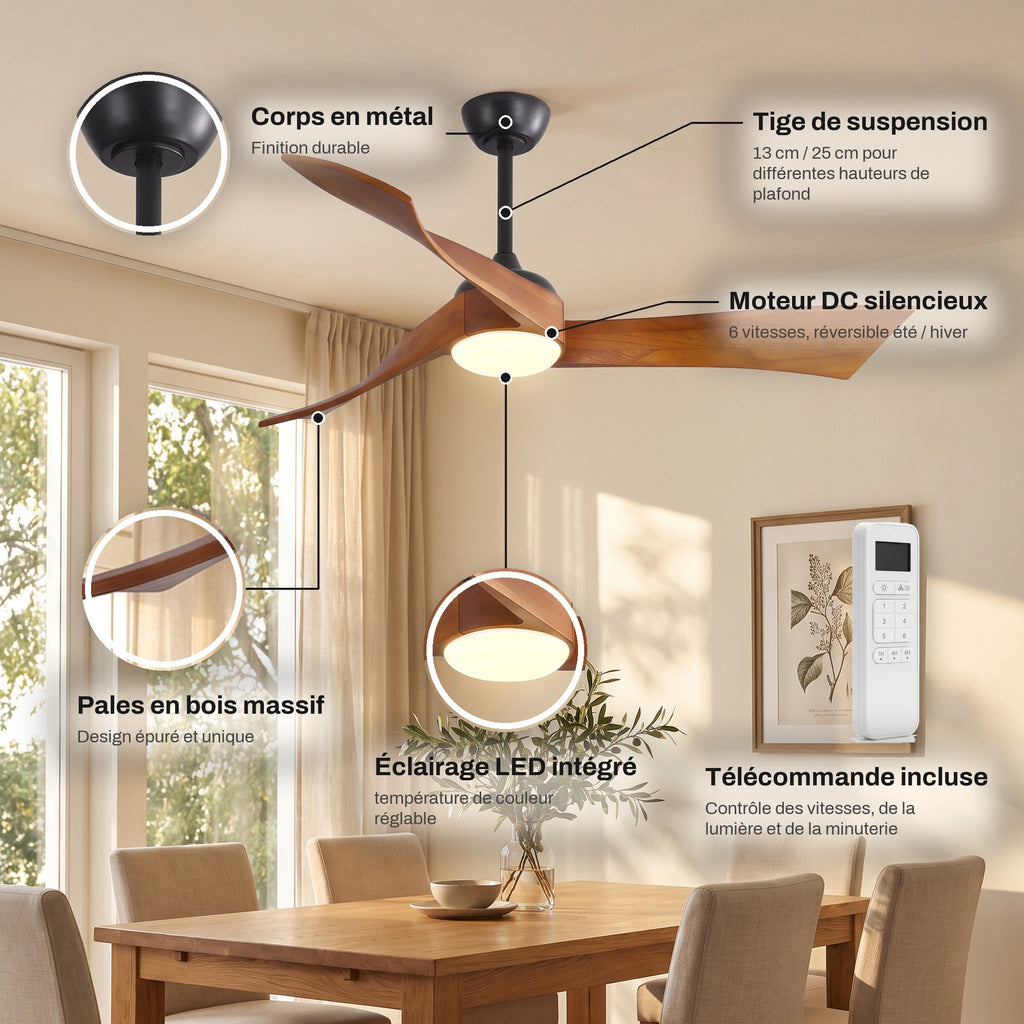 Ventilateur de Plafond Design Silencieux en Bois Massif Avec Lumière LED, Télécommande et Réversible Été/Hiver - Ondine