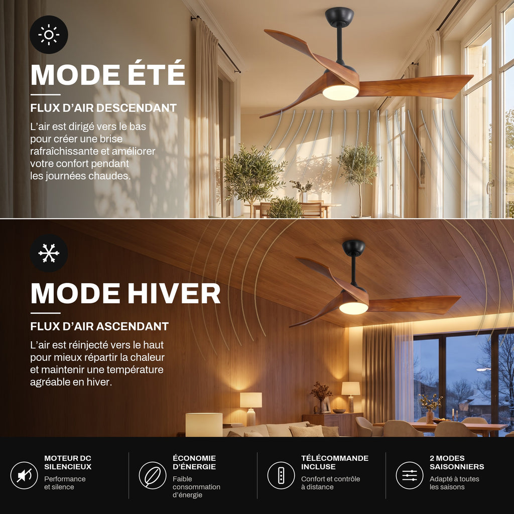 Ventilateur de Plafond Design Silencieux en Bois Massif Avec Lumière LED, Télécommande et Réversible Été/Hiver - Ondine
