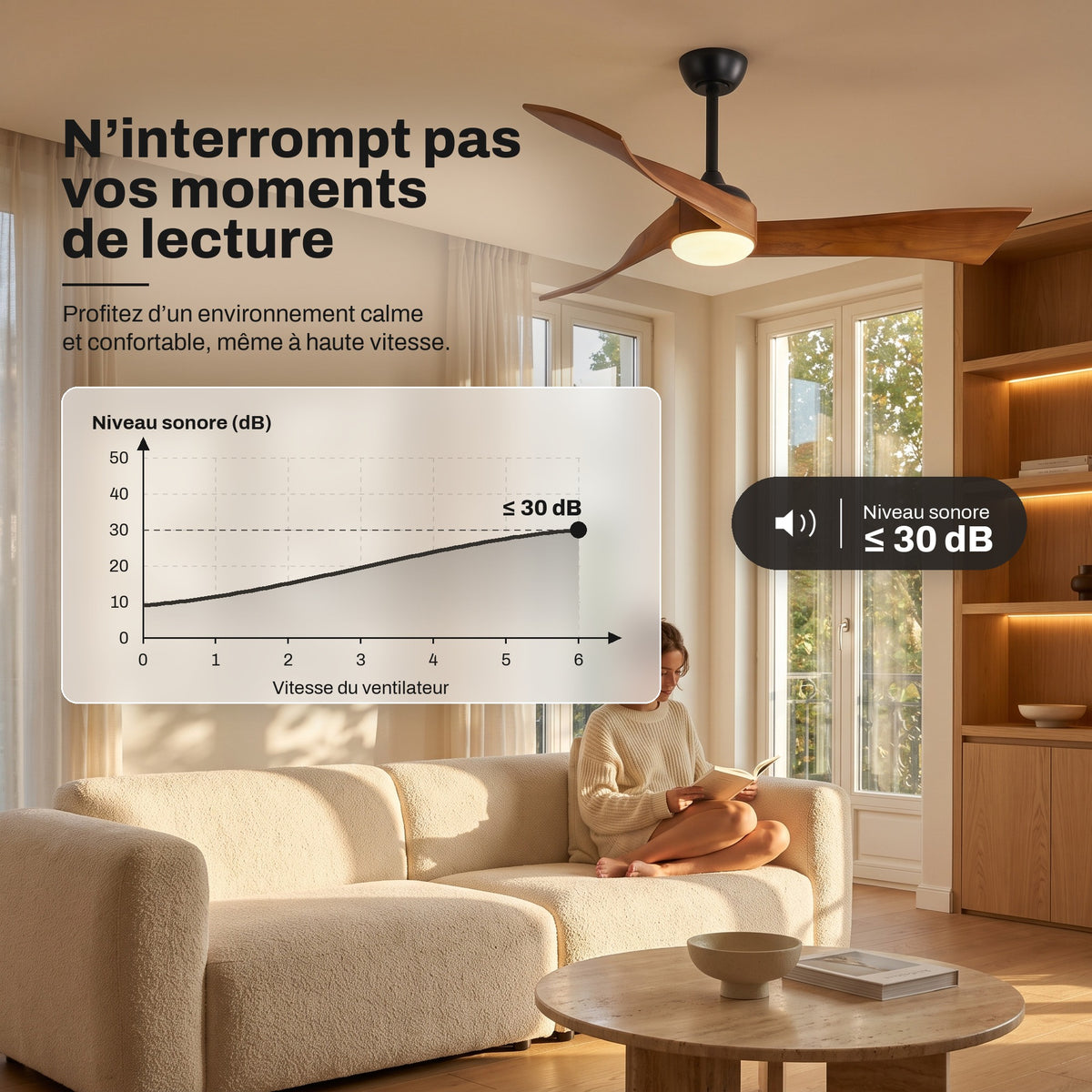 Ventilateur de Plafond Design Silencieux en Bois Massif Avec Lumière LED, Télécommande et Réversible Été/Hiver - Ondine