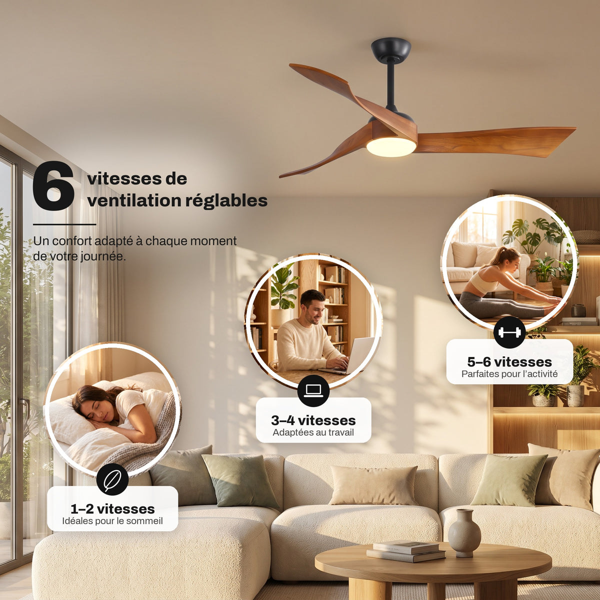 Ventilateur de Plafond Design Silencieux en Bois Massif Avec Lumière LED, Télécommande et Réversible Été/Hiver - Ondine