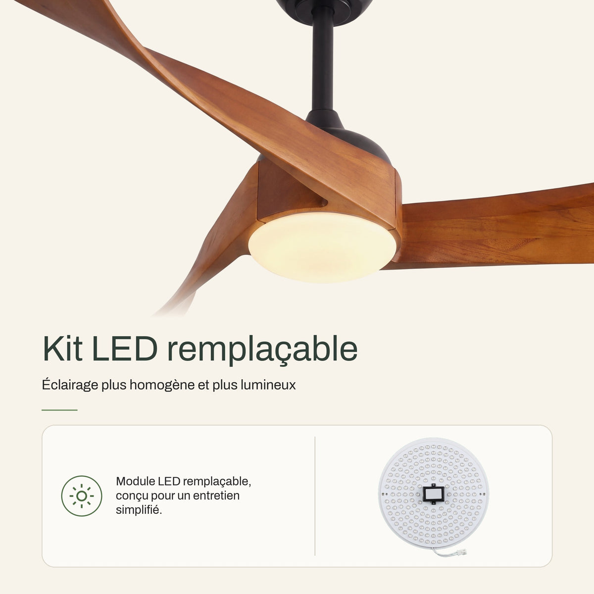 Ventilateur de Plafond Design Silencieux en Bois Massif Avec Lumière LED, Télécommande et Réversible Été/Hiver - Ondine