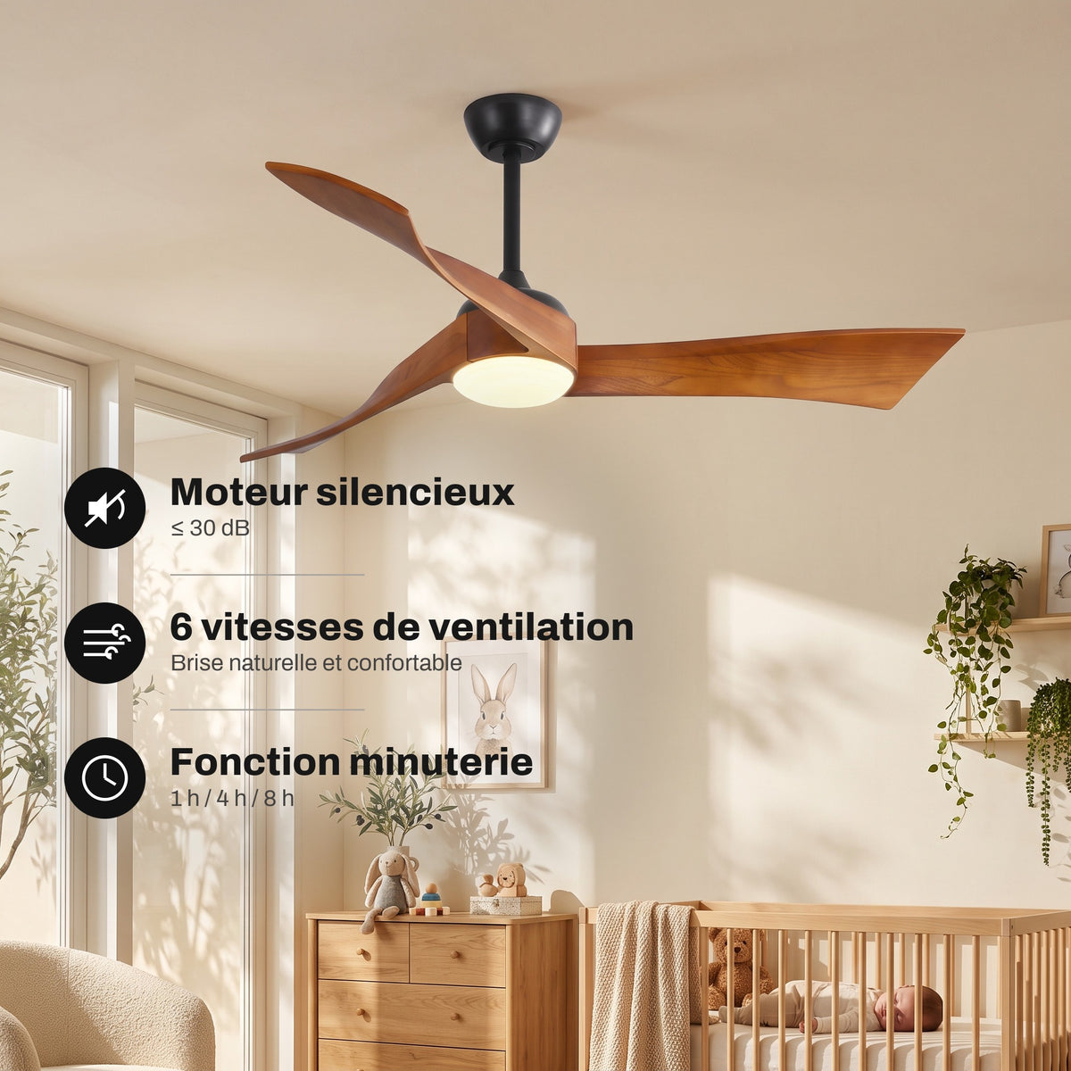Ventilateur de Plafond Design Silencieux en Bois Massif Avec Lumière LED, Télécommande et Réversible Été/Hiver - Ondine