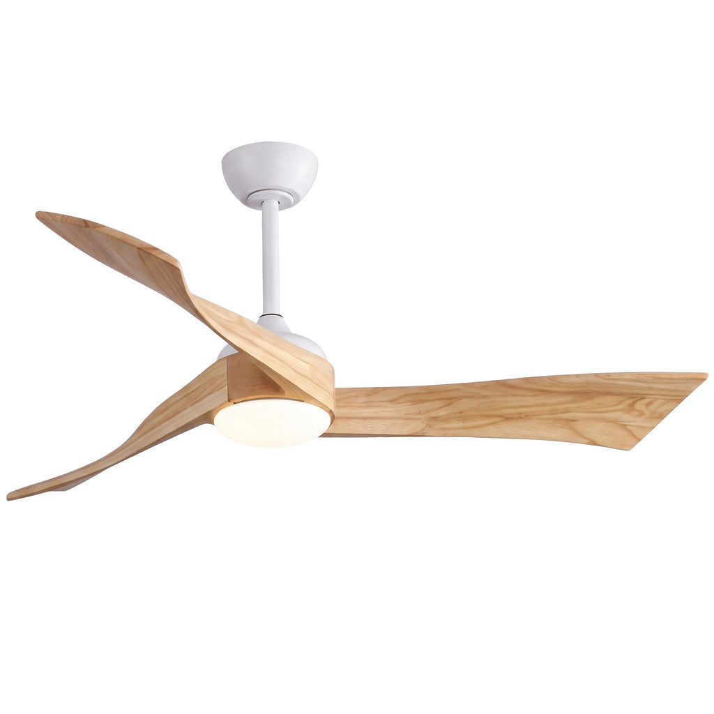Ventilateur de plafond Ondine, pales ondulées noyer clair et structure blanc pur