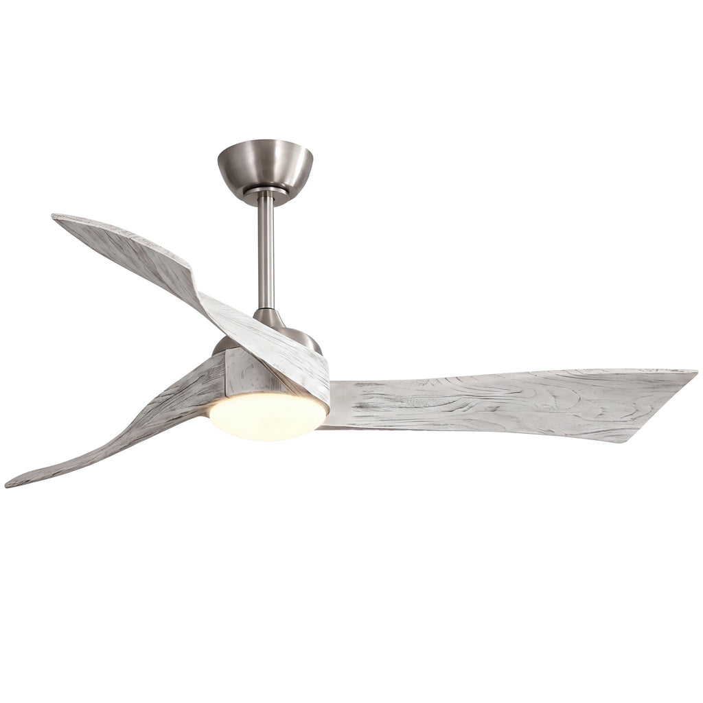 Ventilateur de plafond Ondine, pales ondulées bois grisé et structure argentée