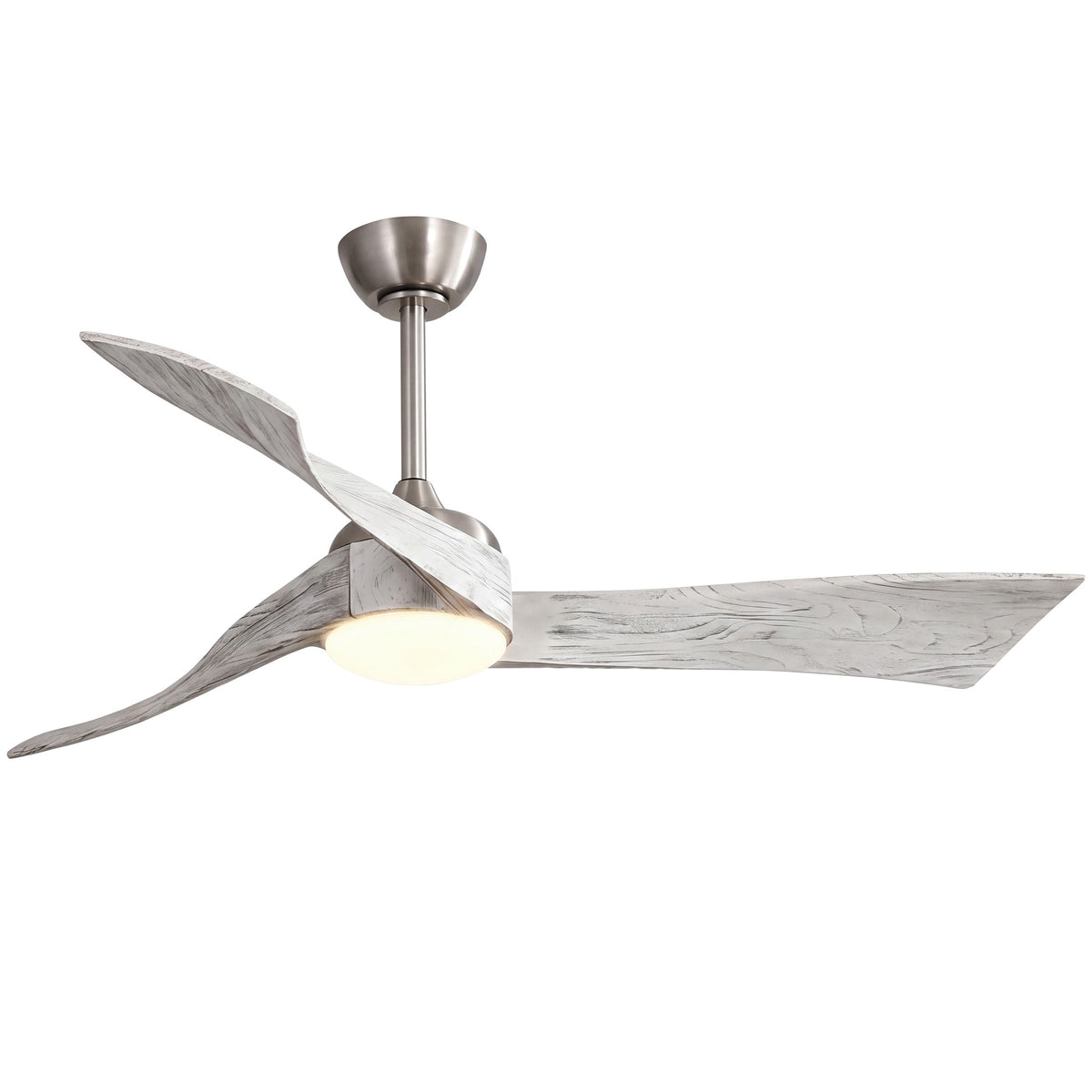 Ventilateur de plafond Ondine, pales ondulées bois grisé et structure argentée